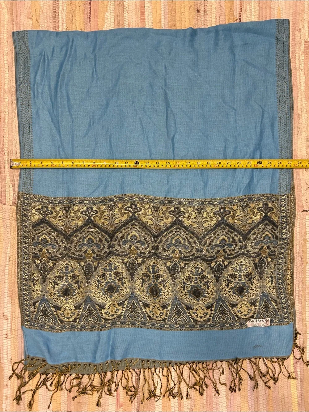 Pashmina Blue Gold Ornate Paisley Shawl Wrap Fringe Boho
